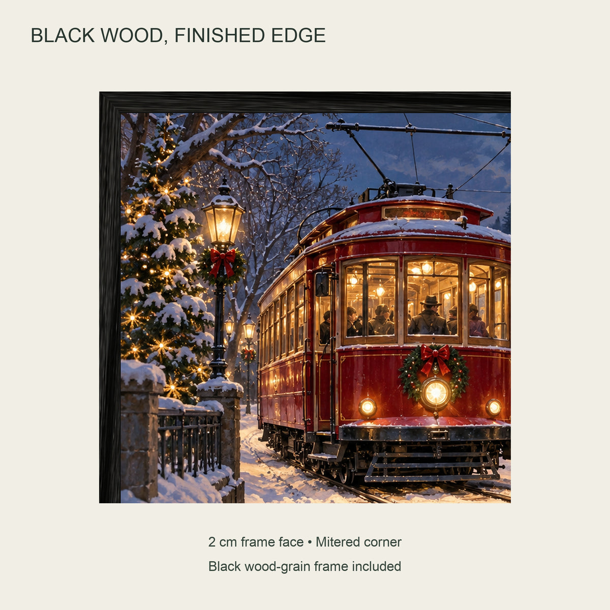 The Christmas Streetcar — Black Wood Framed Christmas Canvas Wall Art — Black wood-grain frame corner — Image 7