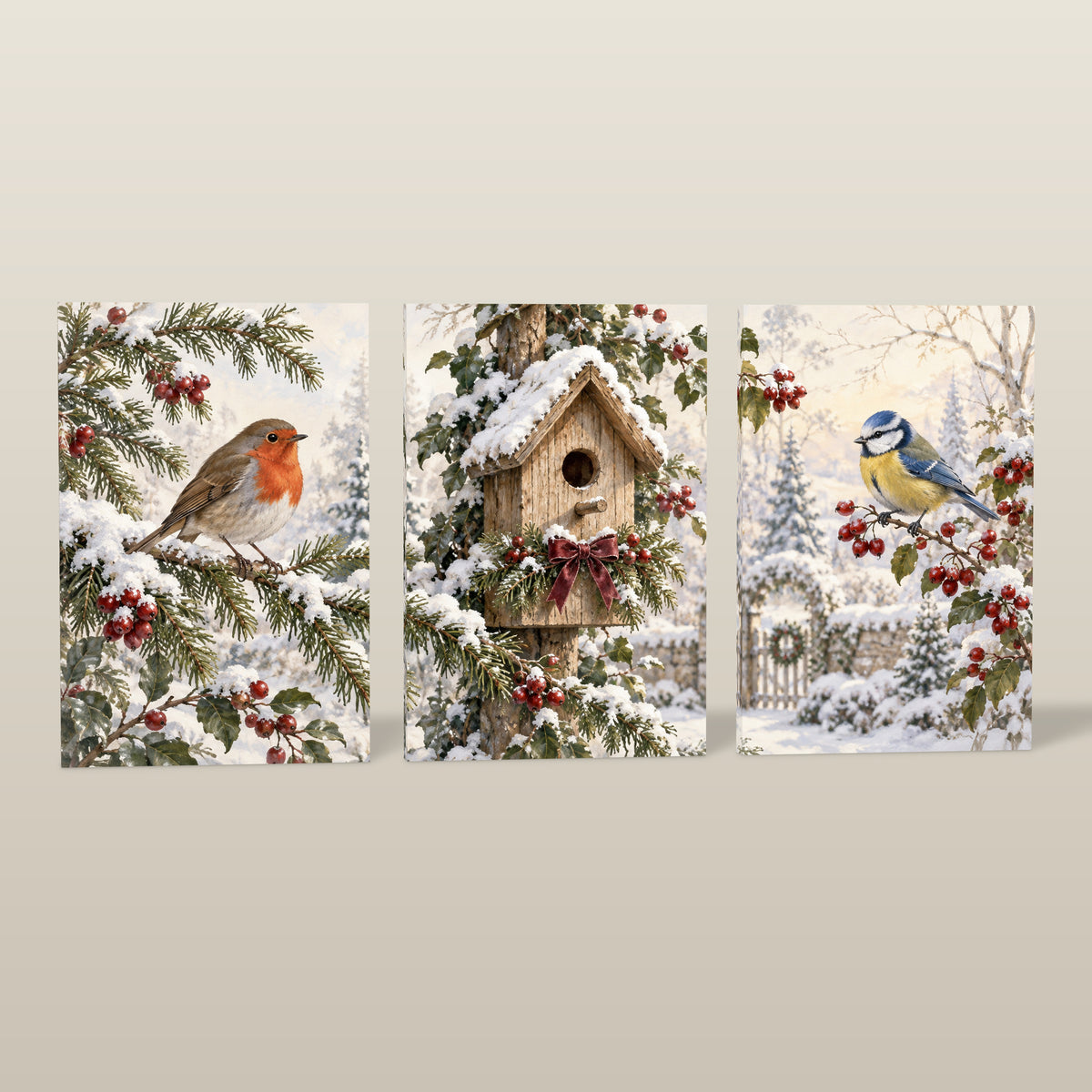 Visitors at the Winter Birdhouse — 3-Piece Christmas Canvas Wall Art Set — Complete three-piece unframed canvas set — Image 1