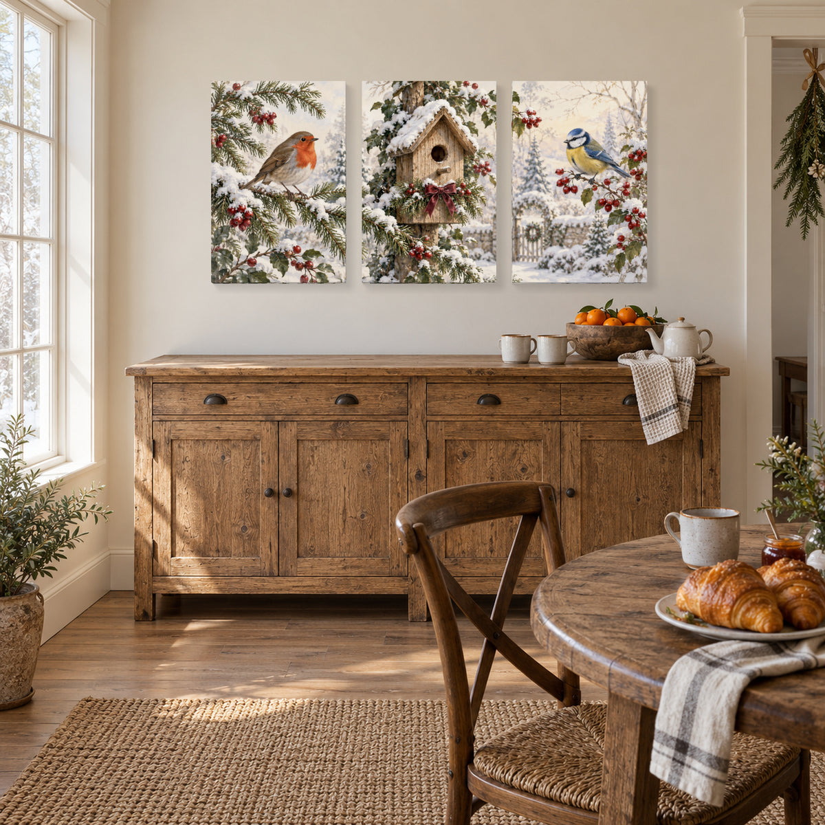Visitors at the Winter Birdhouse — 3-Piece Christmas Canvas Wall Art Set — Holiday lifestyle scene 1 — Image 2