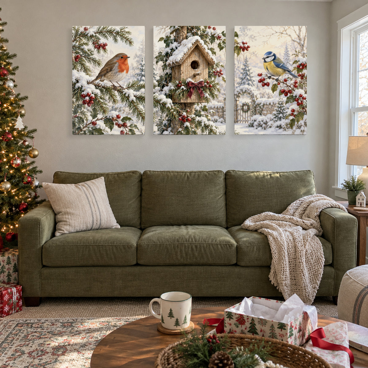 Visitors at the Winter Birdhouse — 3-Piece Christmas Canvas Wall Art Set — Holiday lifestyle scene 3 — Image 4