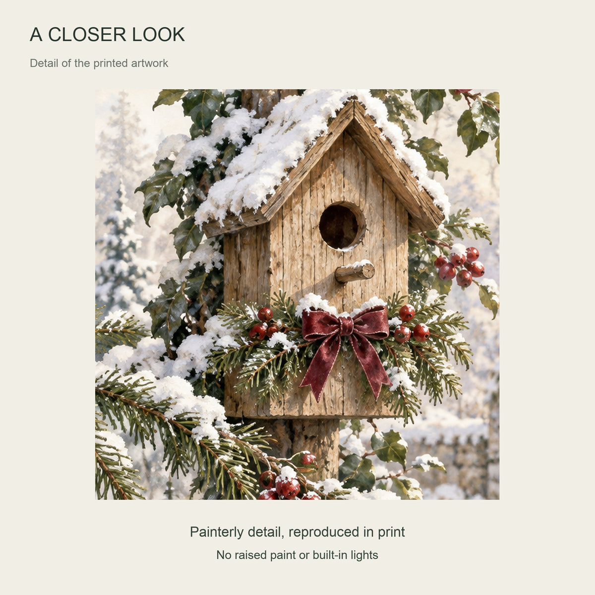 Visitors at the Winter Birdhouse — 3-Piece Christmas Canvas Wall Art Set — Printed artwork detail — Image 5