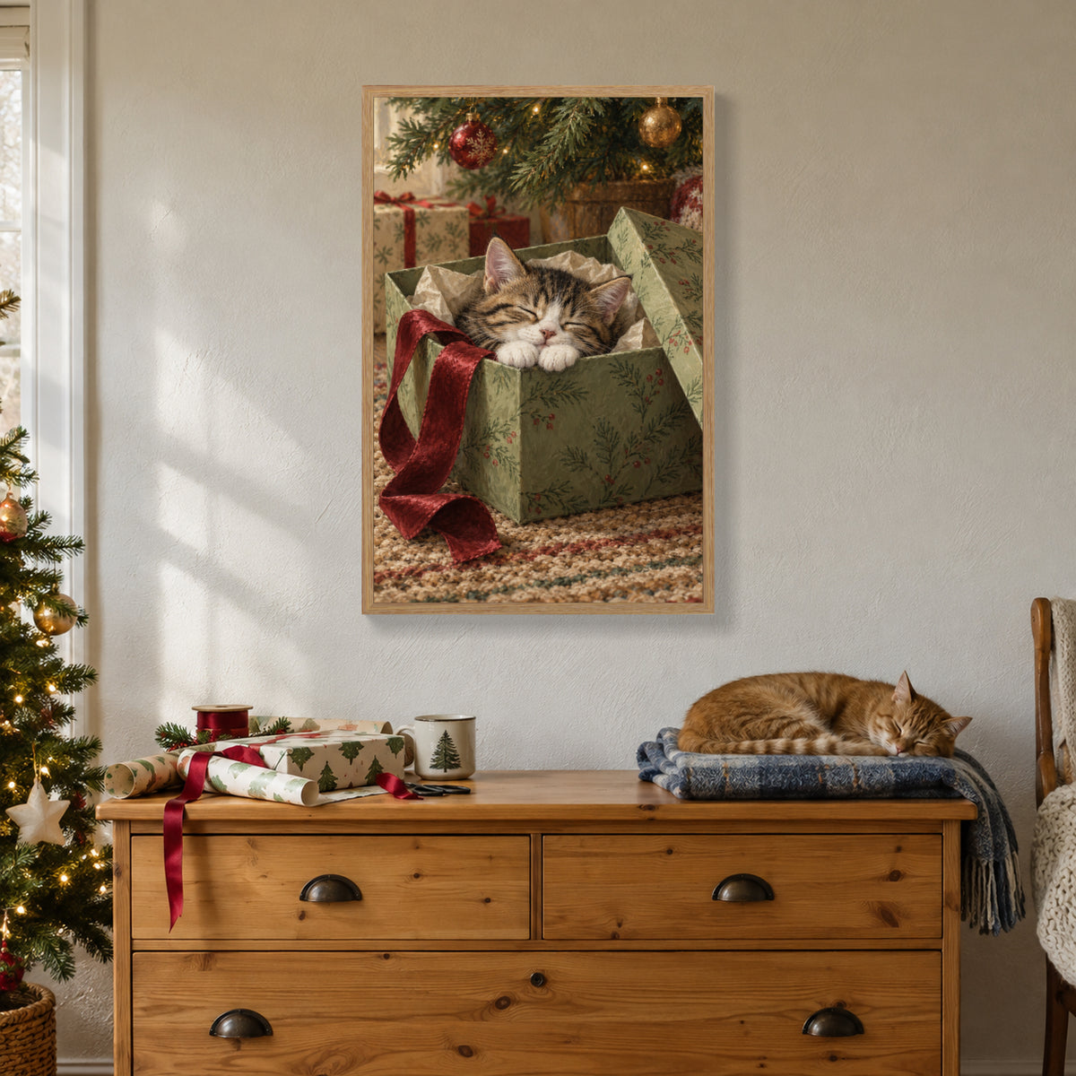 A Purr Inside the Present — Light Wood Framed Christmas Canvas Wall Art — Gift-wrapping moment beside a low dresser — Image 1