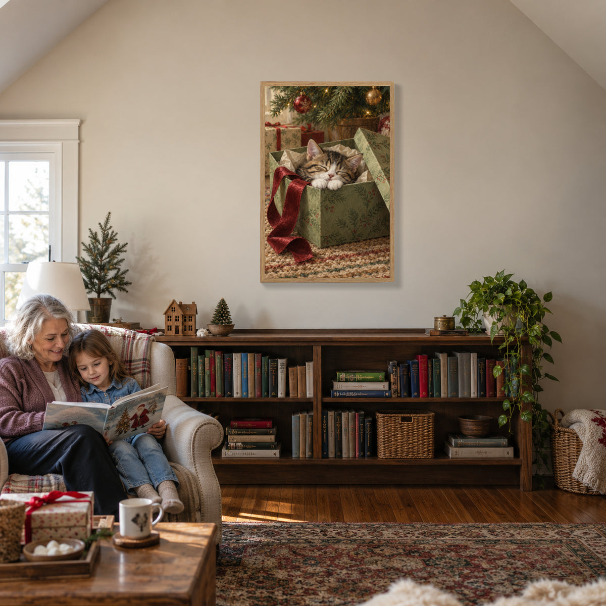A Purr Inside the Present — Light Wood Framed Christmas Canvas Wall Art — Christmas bedtime story — Image 3