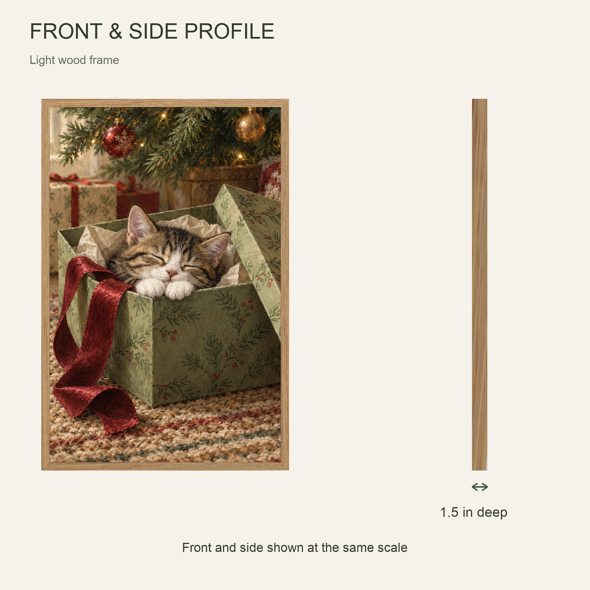 A Purr Inside the Present — Light Wood Framed Christmas Canvas Wall Art — Front and side profile showing 1.5-inch depth — Image 5
