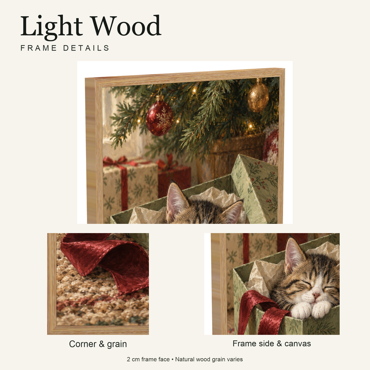 A Purr Inside the Present — Light Wood Framed Christmas Canvas Wall Art — Light natural wood frame corner and grain — Image 6