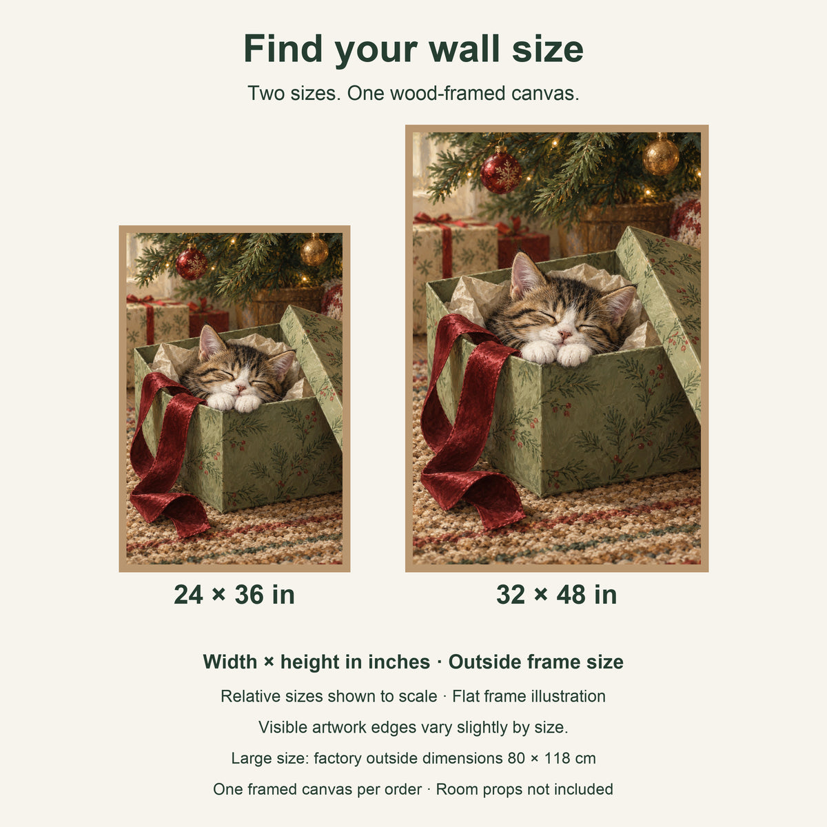 A Purr Inside the Present — Light Wood Framed Christmas Canvas Wall Art — artwork size comparison, width × height in inches — Image 8