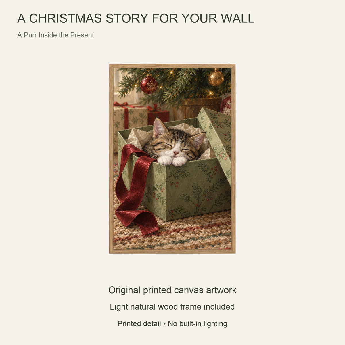 A Purr Inside the Present — Light Wood Framed Christmas Canvas Wall Art — Complete Christmas artwork and product configuration — Image 9