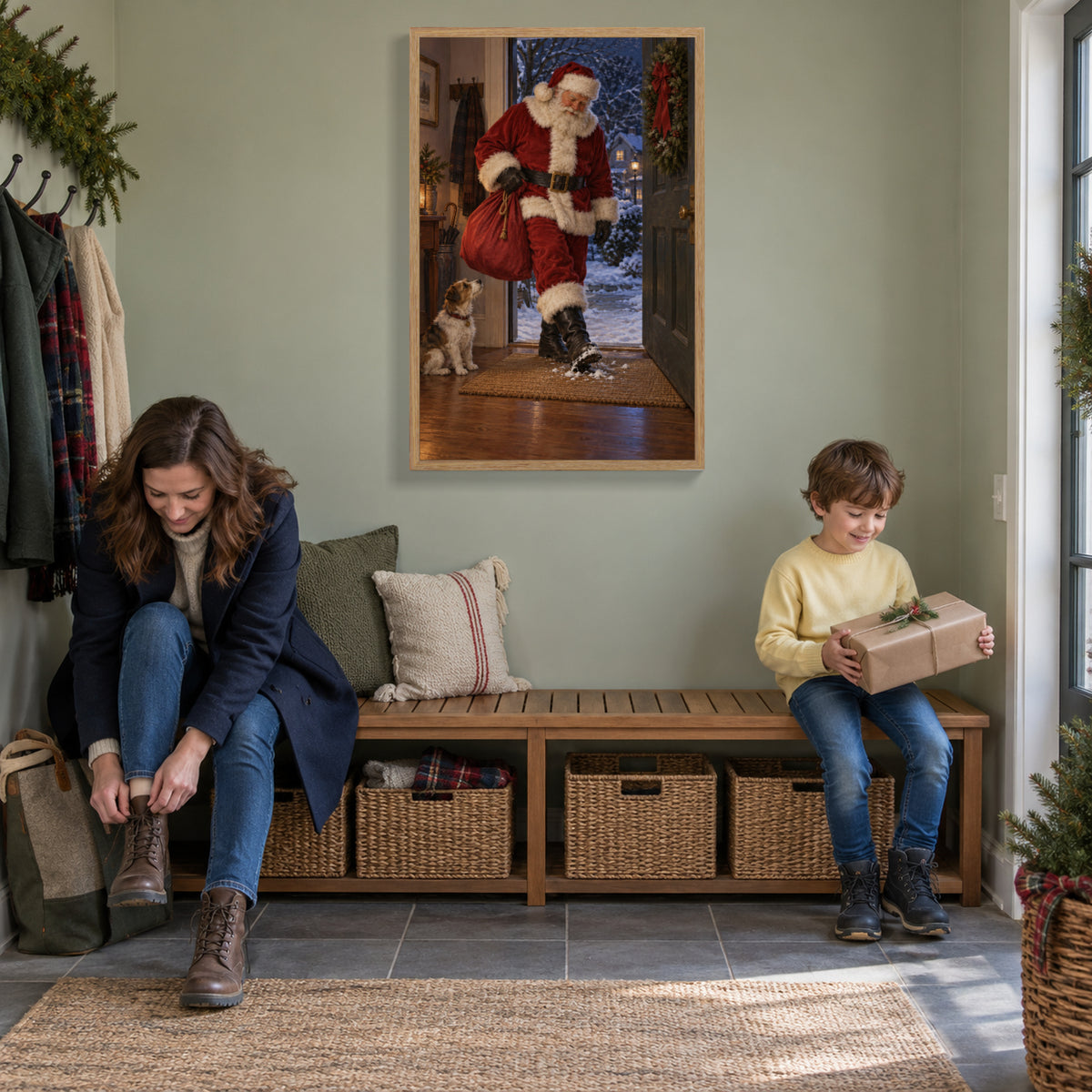 Even Santa Wipes His Boots — Light Wood Framed Christmas Canvas Wall Art — Removing coats before opening gifts — Image 2