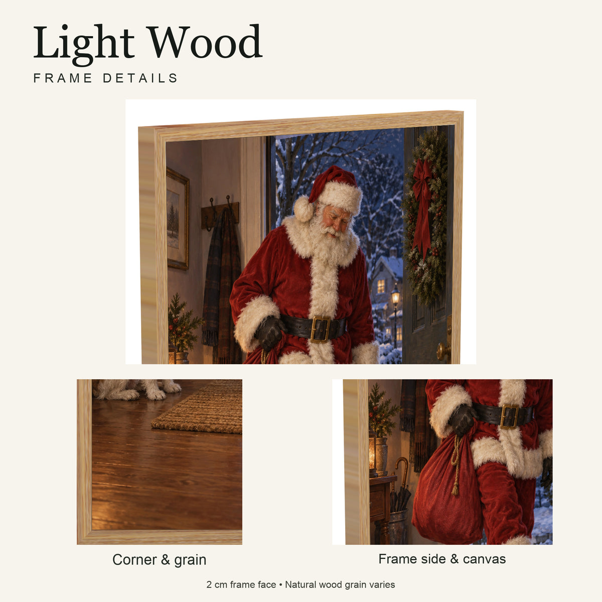 Even Santa Wipes His Boots — Light Wood Framed Christmas Canvas Wall Art — Light natural wood frame corner and grain — Image 6