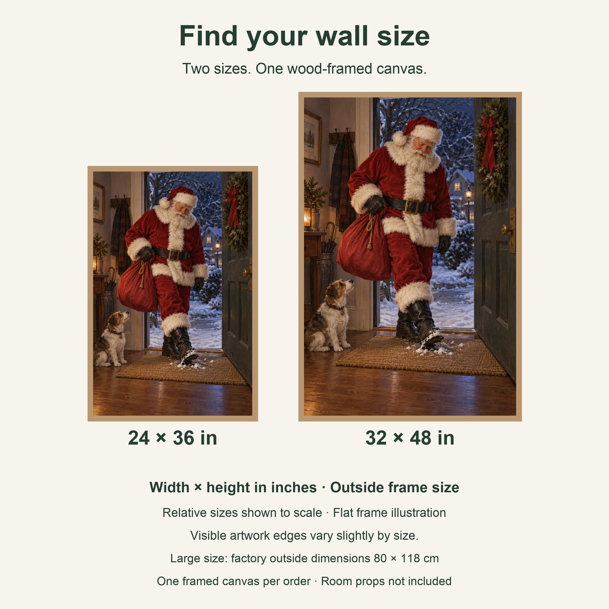 Even Santa Wipes His Boots — Light Wood Framed Christmas Canvas Wall Art — artwork size comparison, width × height in inches — Image 8