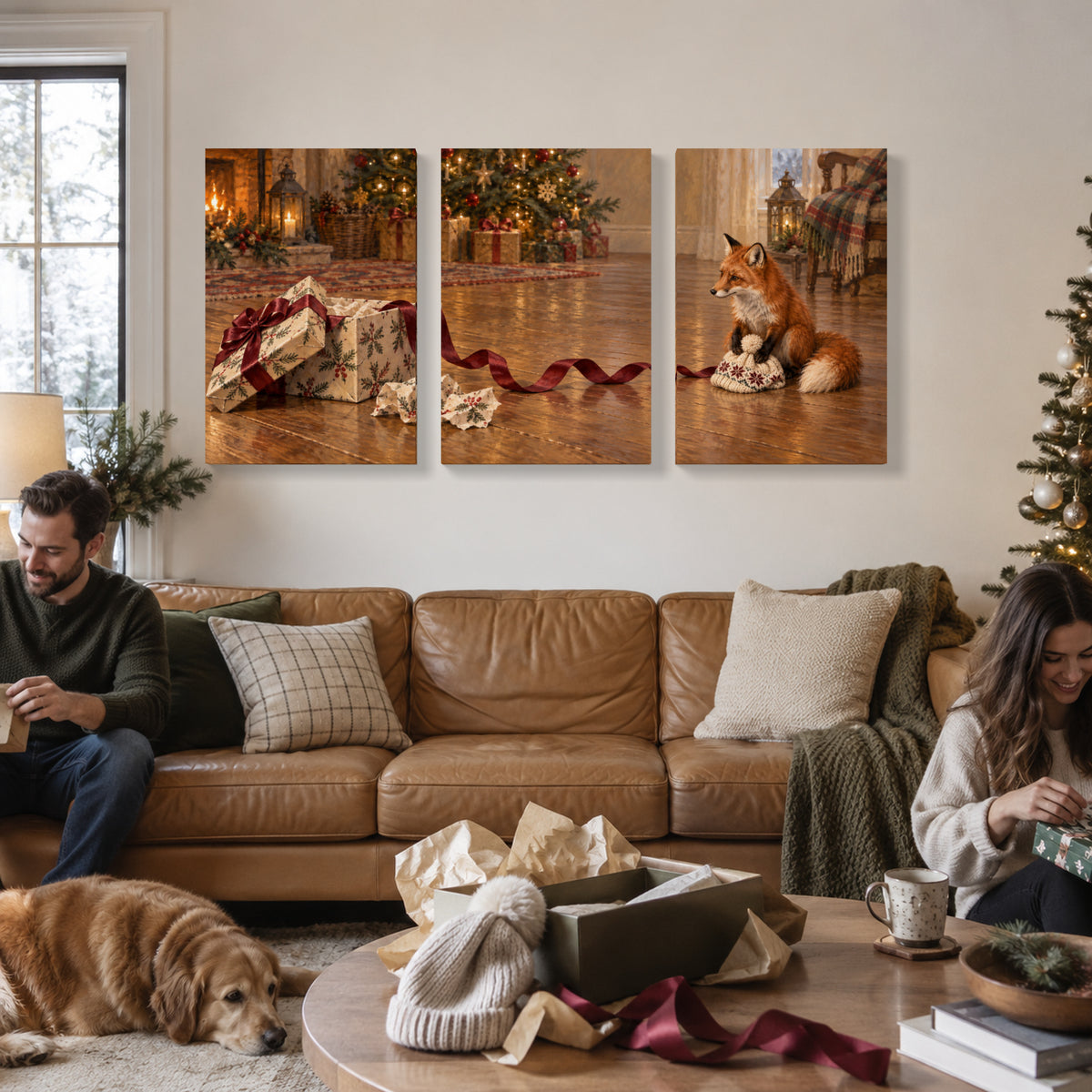Who Opened the Present First? — 3-Piece Christmas Canvas Wall Art Set — Resting after opening Christmas presents — Image 1
