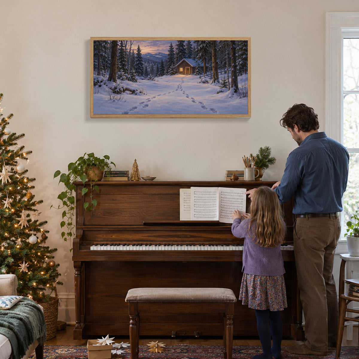 A Light Kept On for You — Light Wood Framed Christmas Canvas Wall Art — Practicing Christmas music at the piano — Image 2