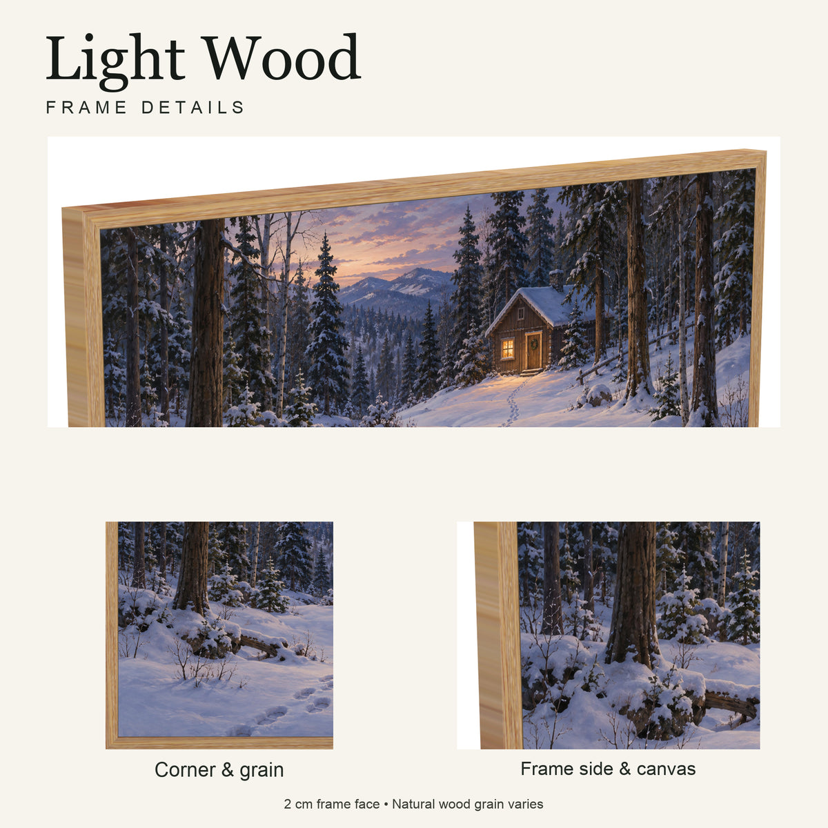 A Light Kept On for You — Light Wood Framed Christmas Canvas Wall Art — Light natural wood frame corner and grain — Image 6