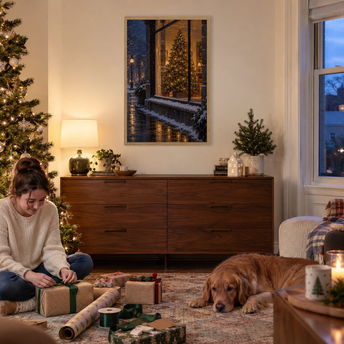 The Tree in the Snowy Window — Light Wood Framed Christmas Canvas Wall Art — Wrapping Christmas gifts by the tree — Image 1