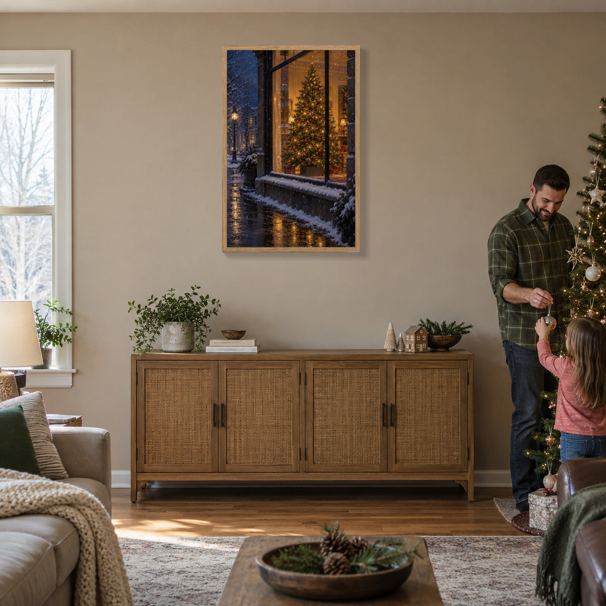The Tree in the Snowy Window — Light Wood Framed Christmas Canvas Wall Art — Decorating the tree together — Image 3