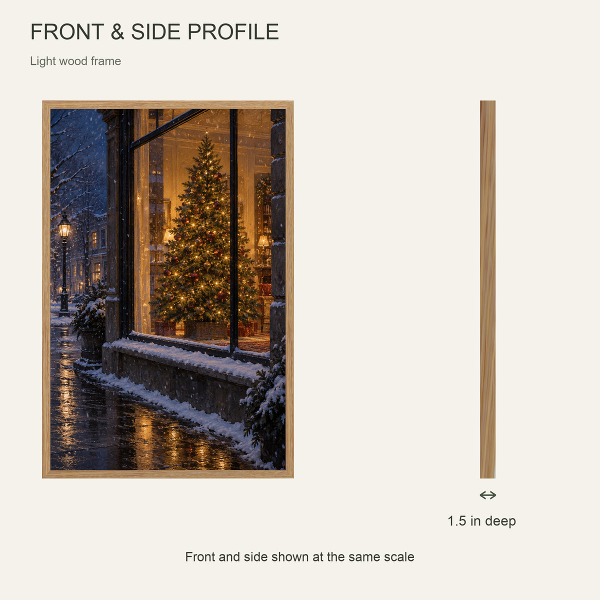 The Tree in the Snowy Window — Light Wood Framed Christmas Canvas Wall Art — Front and side profile showing 1.5-inch depth — Image 5