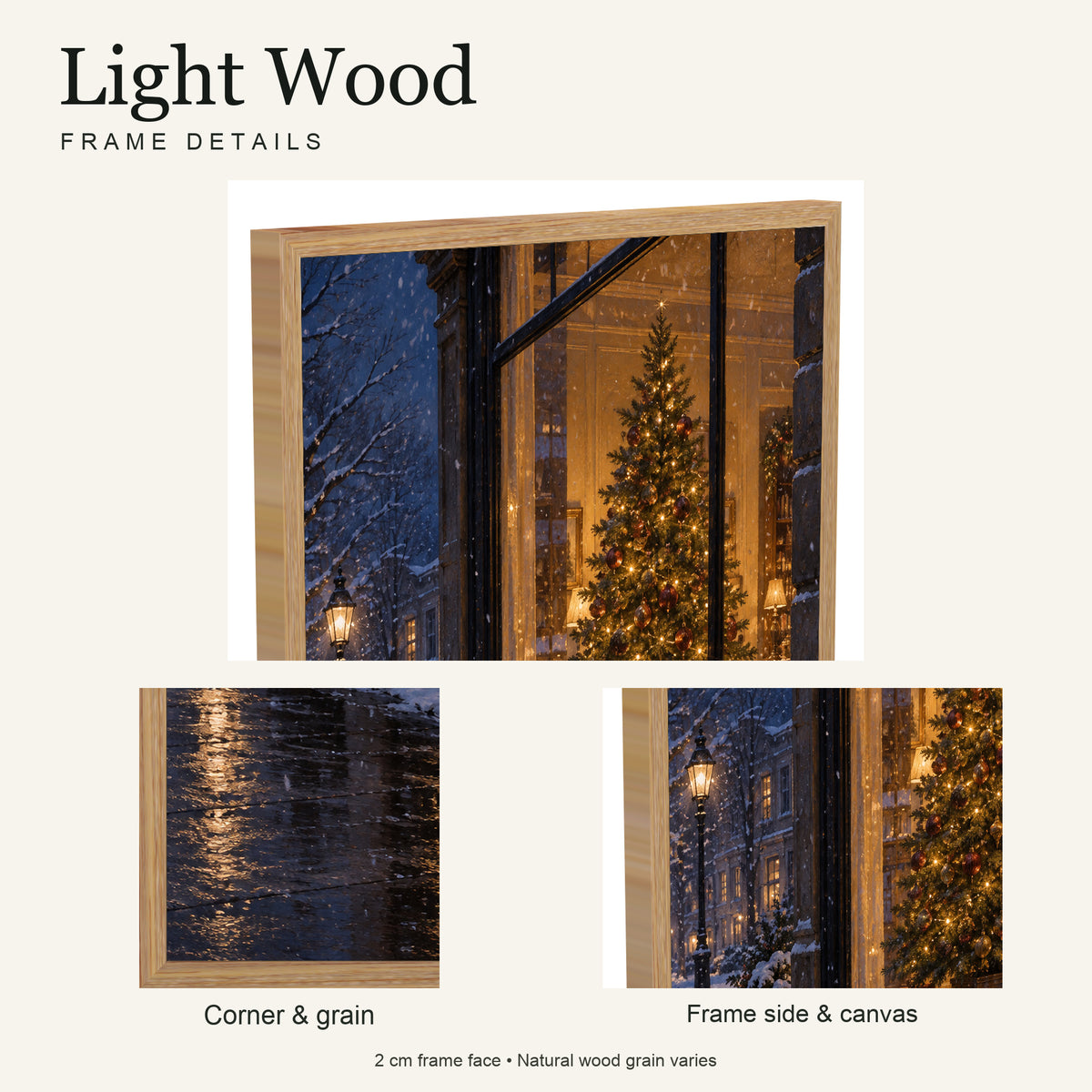 The Tree in the Snowy Window — Light Wood Framed Christmas Canvas Wall Art — Light natural wood frame corner and grain — Image 6