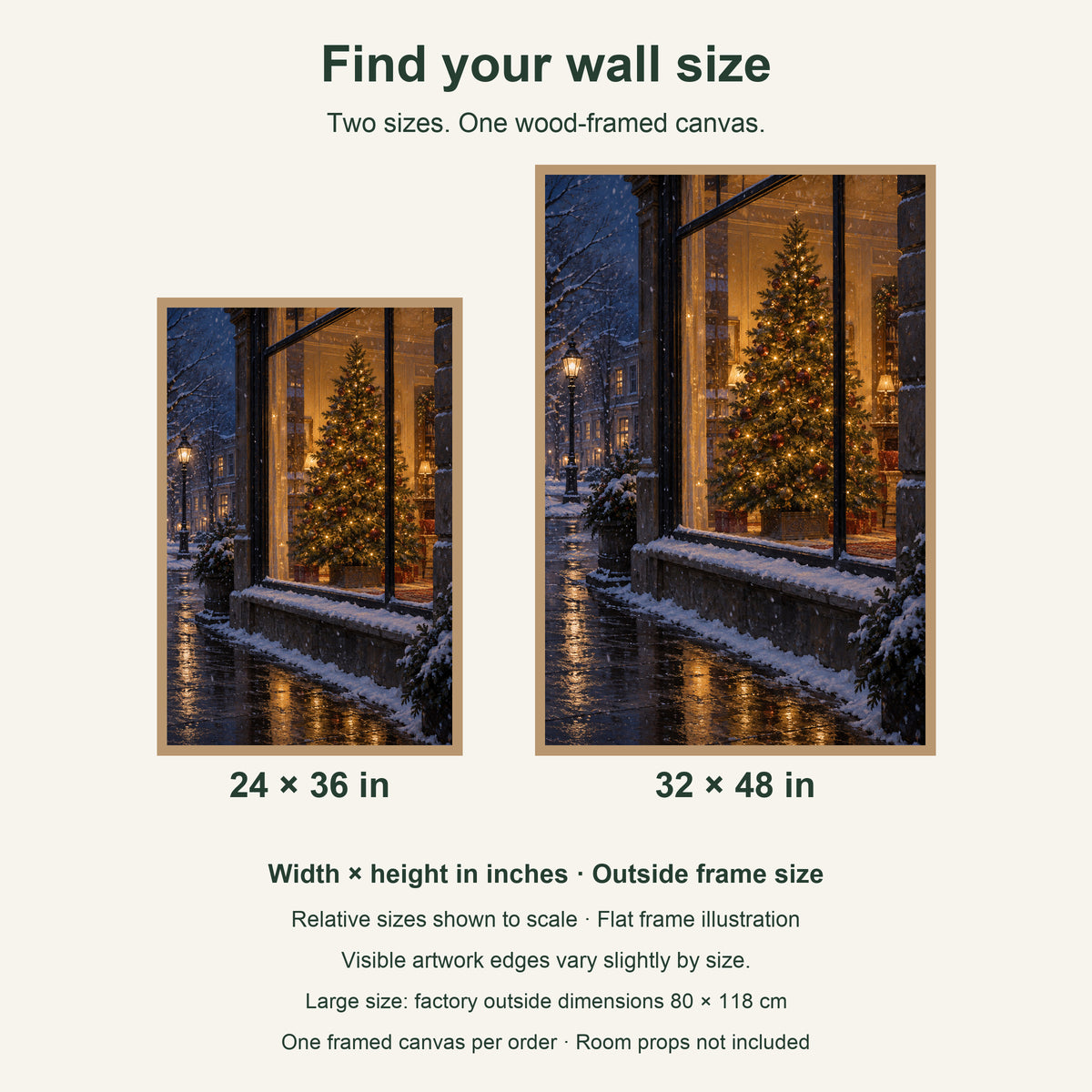 The Tree in the Snowy Window — Light Wood Framed Christmas Canvas Wall Art — artwork size comparison, width × height in inches — Image 8