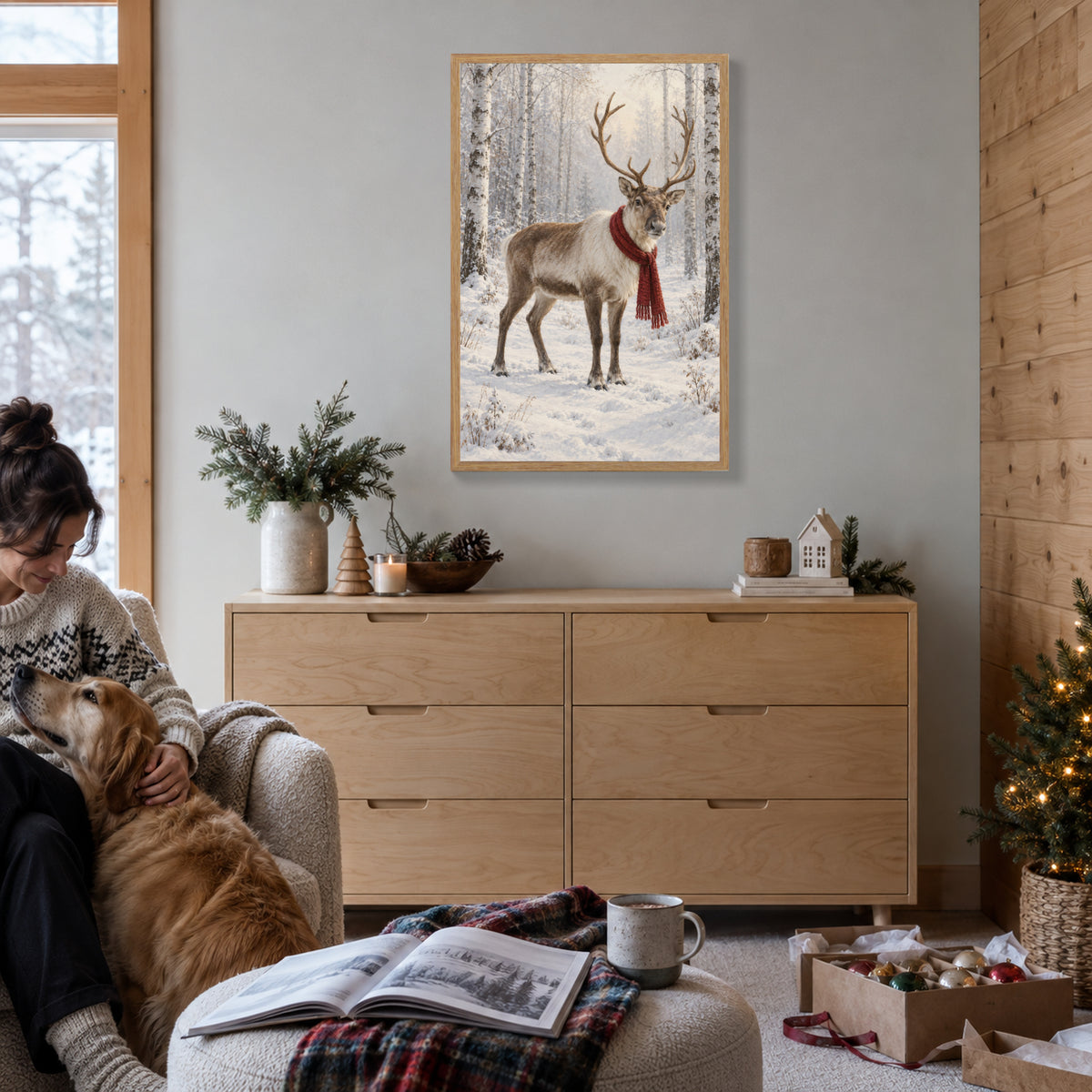 A Red Scarf in the White Woods — Light Wood Framed Christmas Canvas Wall Art — Winter reading corner after unpacking decorations — Image 1
