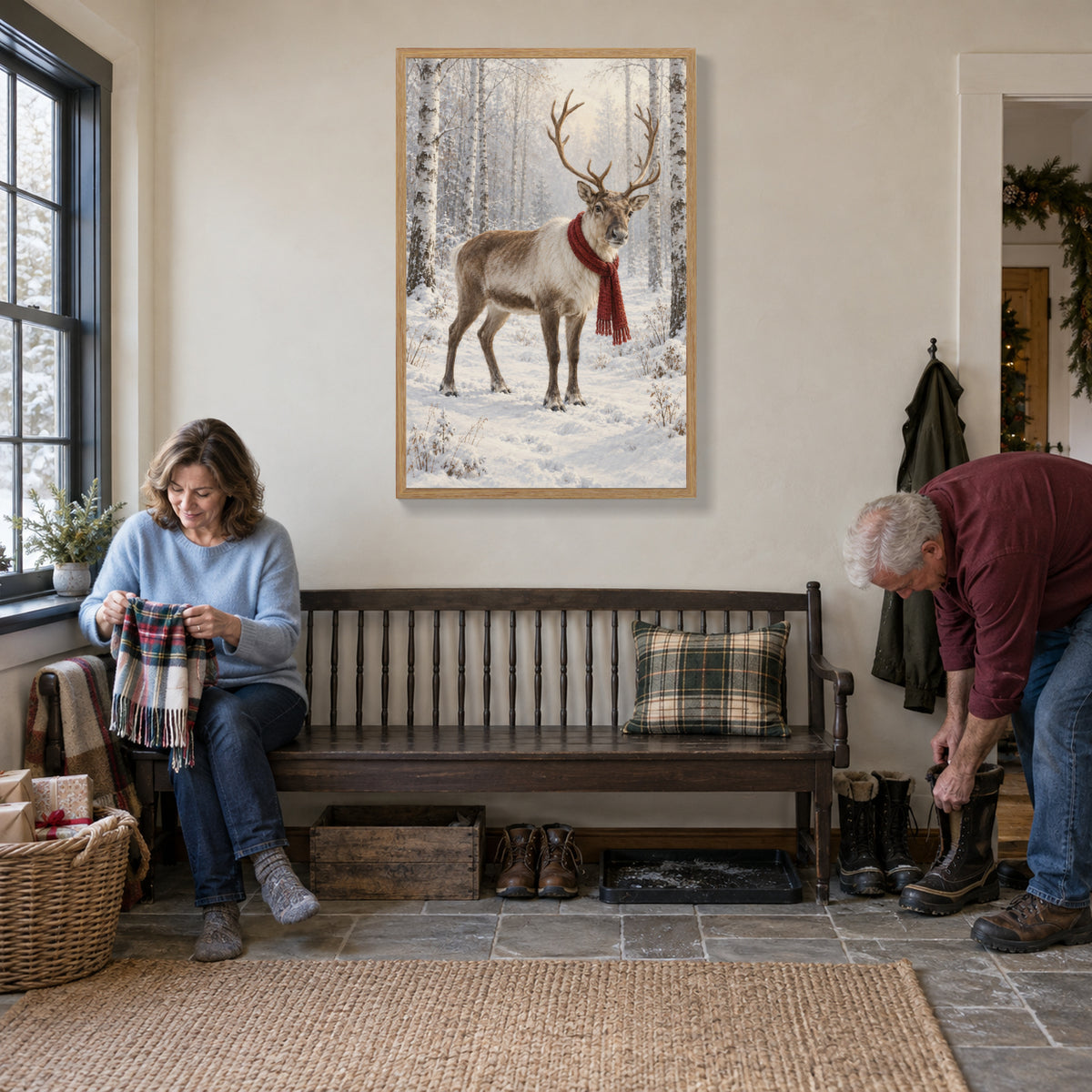 A Red Scarf in the White Woods — Light Wood Framed Christmas Canvas Wall Art — Preparing boots and scarves by the entry bench — Image 3