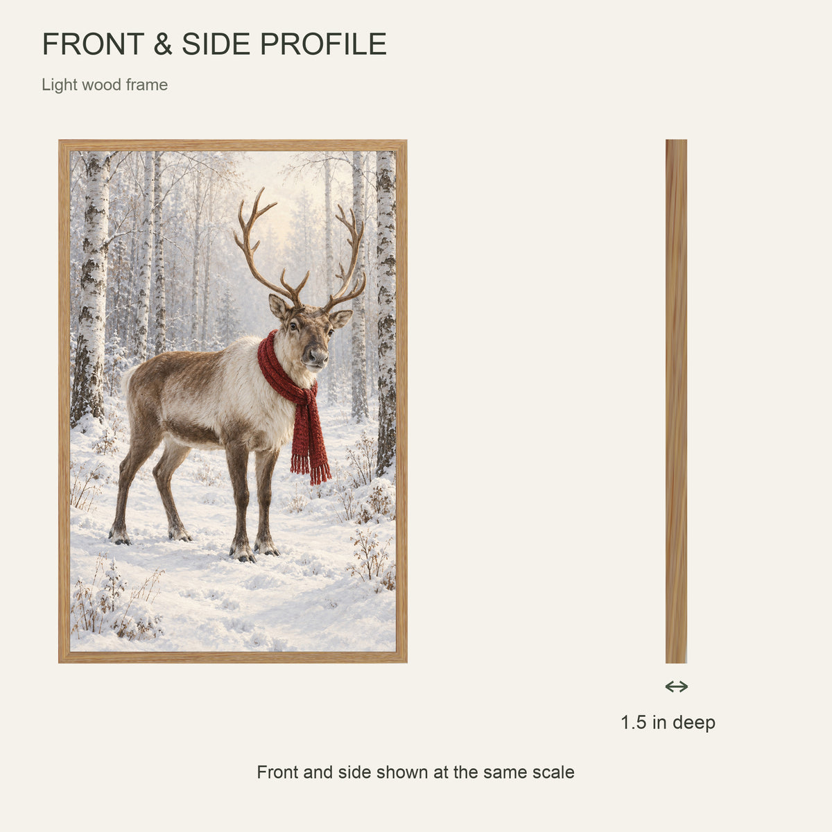 A Red Scarf in the White Woods — Light Wood Framed Christmas Canvas Wall Art — Front and side profile showing 1.5-inch depth — Image 5
