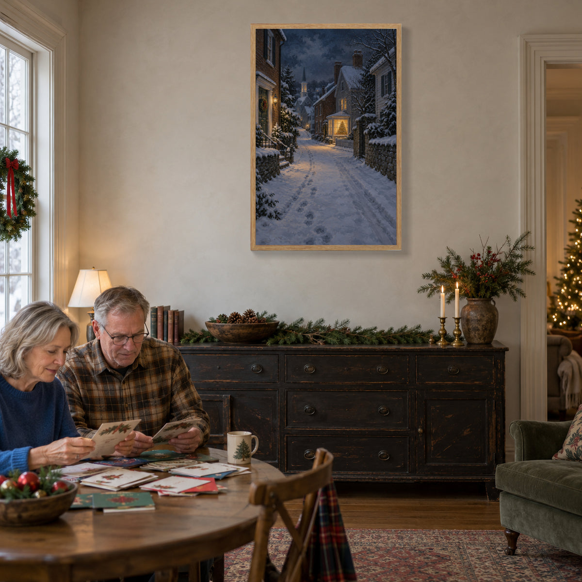 The Last Window of Christmas Eve — Light Wood Framed Christmas Canvas Wall Art — Reading holiday cards together — Image 2