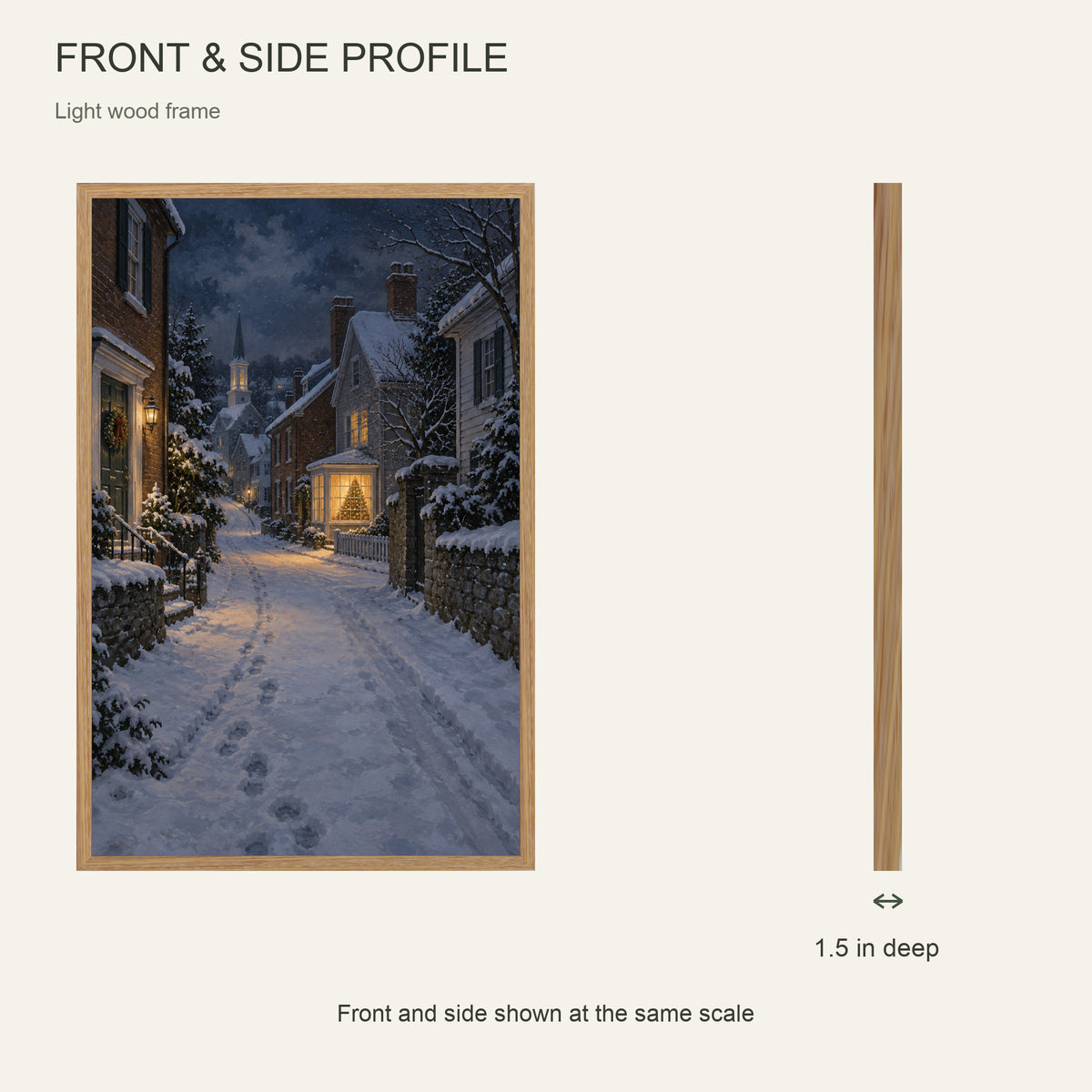 The Last Window of Christmas Eve — Light Wood Framed Christmas Canvas Wall Art — Front and side profile showing 1.5-inch depth — Image 5