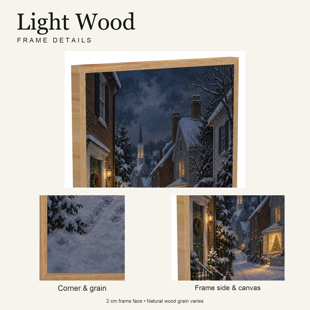 The Last Window of Christmas Eve — Light Wood Framed Christmas Canvas Wall Art — Light natural wood frame corner and grain — Image 6