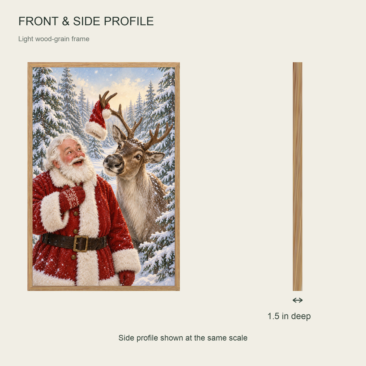 How Did My Hat Get Up There? — Light Wood Framed Christmas Canvas Wall Art — Front and side profile showing 1.5-inch depth — Image 6