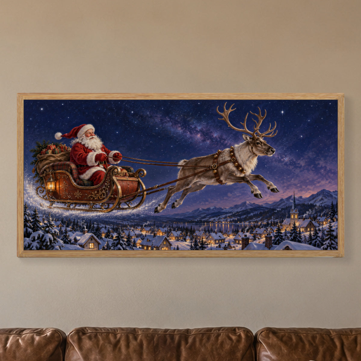 Across the Stars Tonight — Light Wood Framed Christmas Canvas Wall Art — Complete Santa sleigh and reindeer framed canvas above the sofa — Image 1