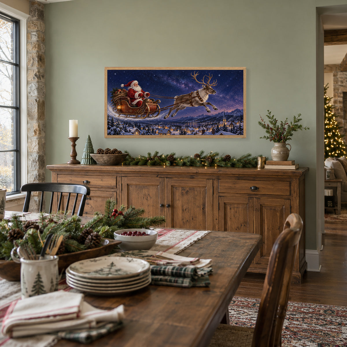 Across the Stars Tonight — Light Wood Framed Christmas Canvas Wall Art — Dining table prepared for holiday guests — Image 4