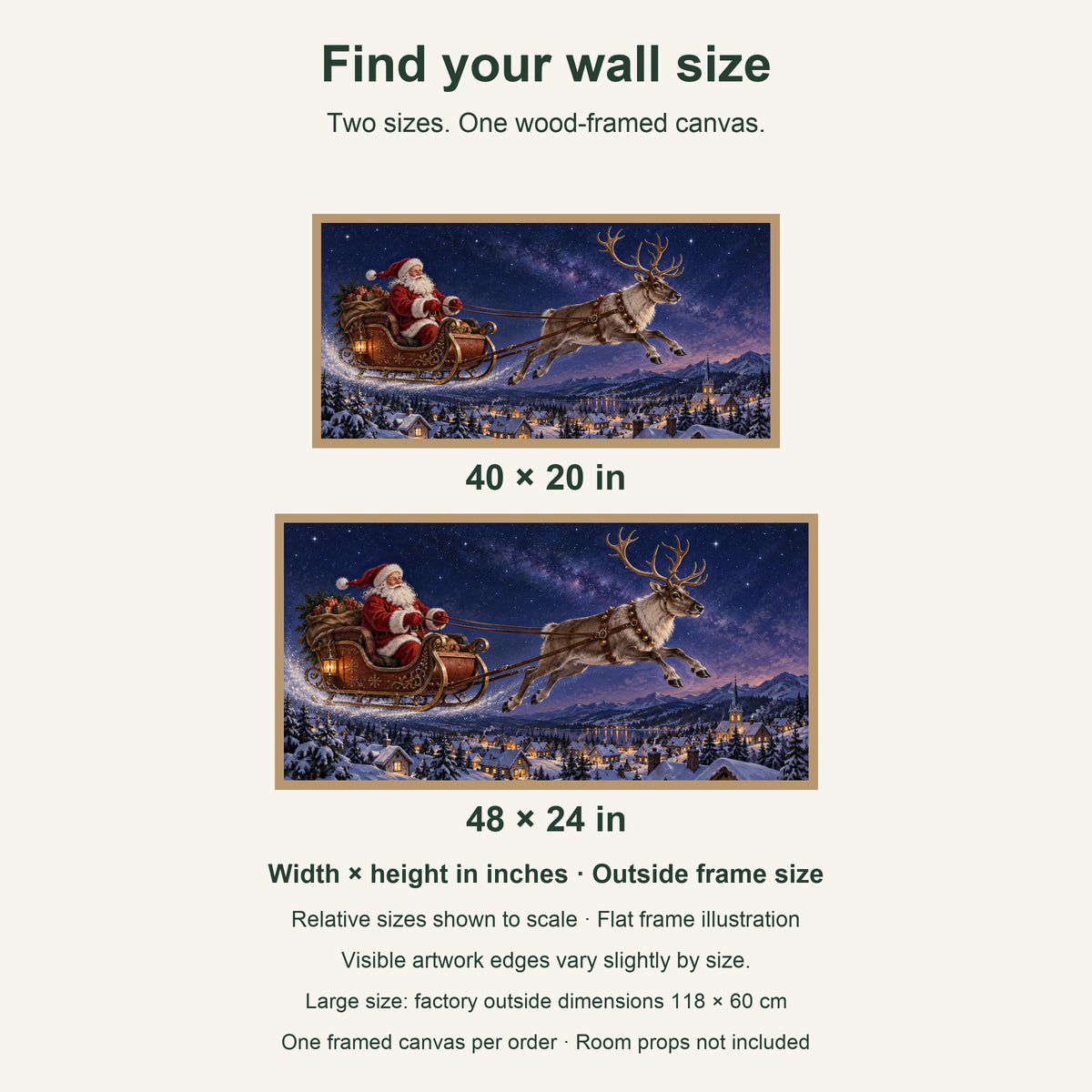 Across the Stars Tonight — Light Wood Framed Christmas Canvas Wall Art — artwork size comparison, width × height in inches — Image 8