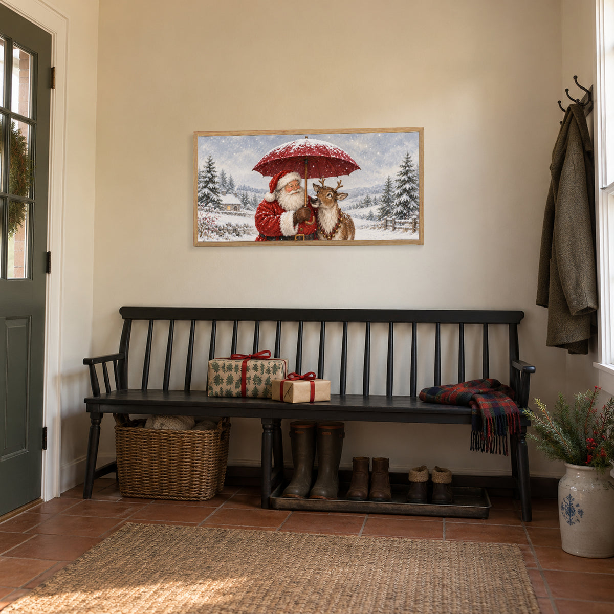 Together Through the Snow — Light Wood Framed Christmas Canvas Wall Art — Winter entryway resting area — Image 4