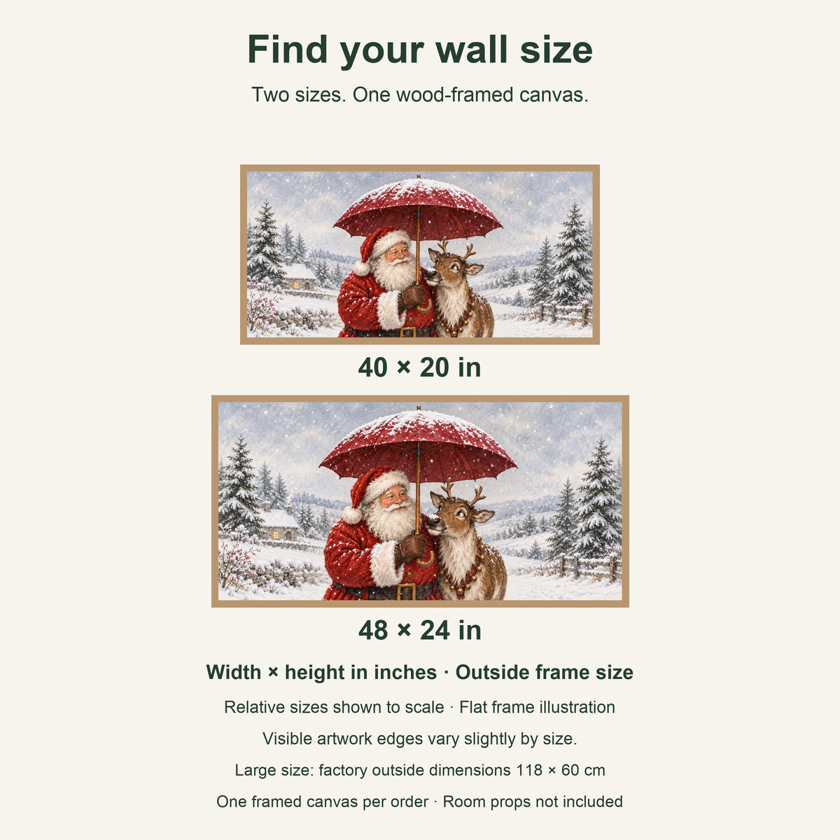Together Through the Snow — Light Wood Framed Christmas Canvas Wall Art — artwork size comparison, width × height in inches — Image 8