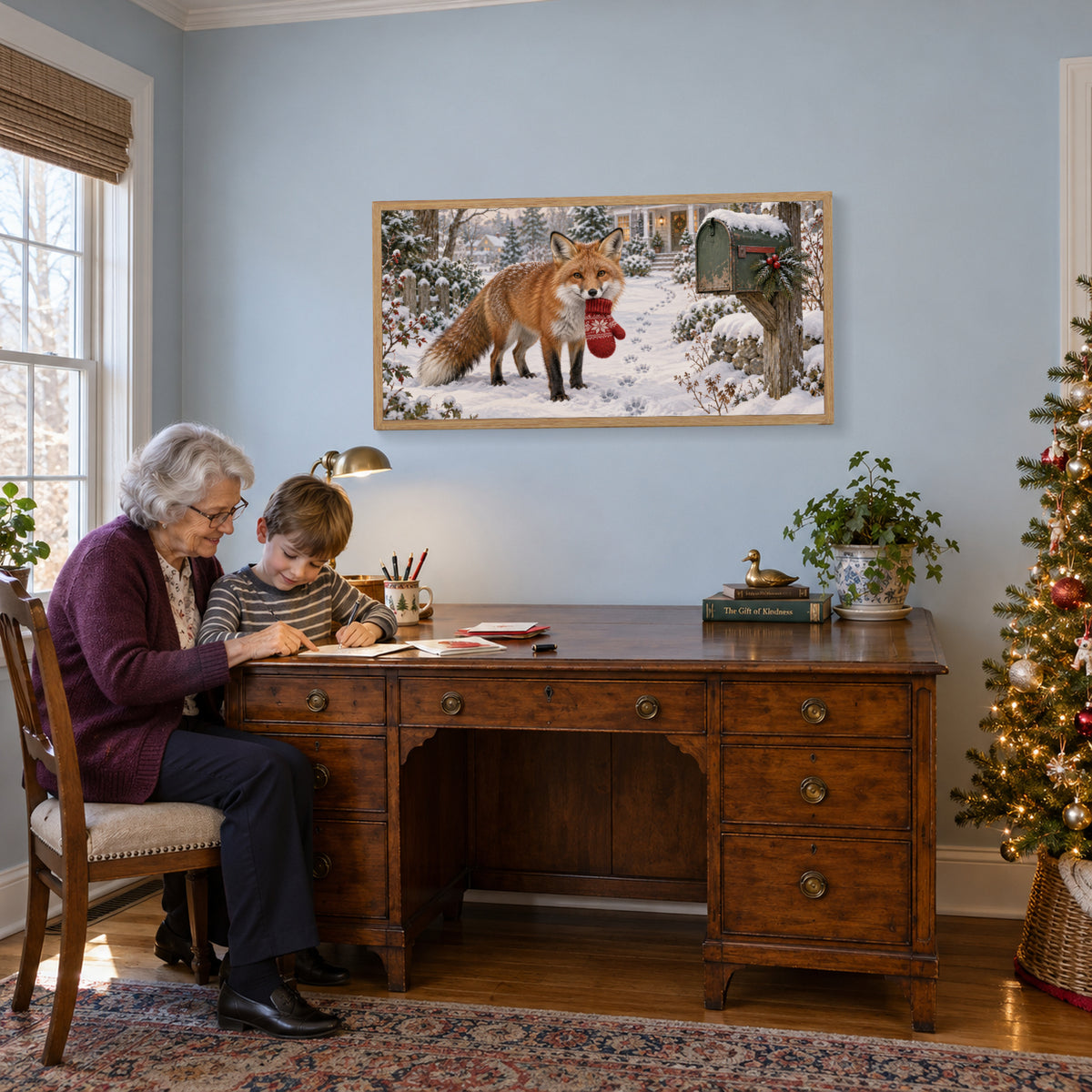 The Little Christmas Postman — Light Wood Framed Christmas Canvas Wall Art — Holiday lifestyle scene 2 — Image 3