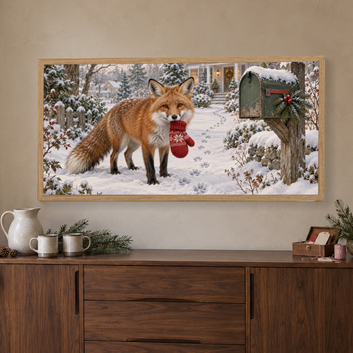 The Little Christmas Postman — Light Wood Framed Christmas Canvas Wall Art — Complete light wood framed canvas in a holiday interior — Image 1