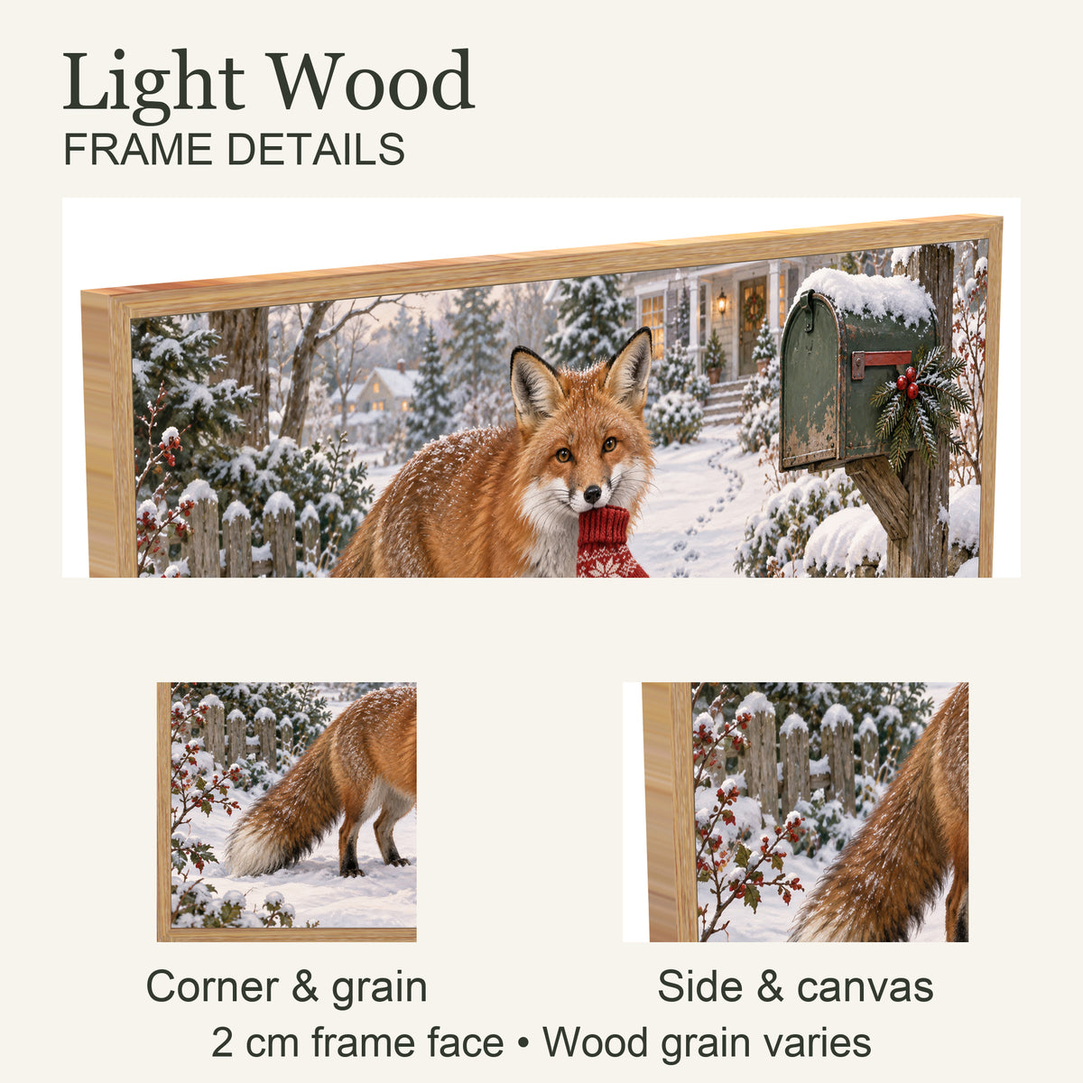 The Little Christmas Postman — Light Wood Framed Christmas Canvas Wall Art — Light natural wood frame corner and grain — Image 6