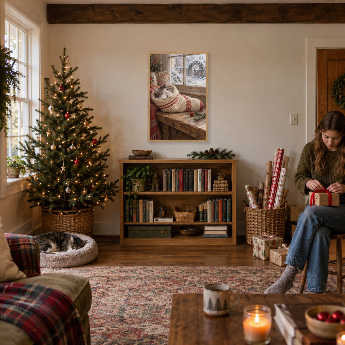 A New Guest in the Stocking — Light Wood Framed Christmas Canvas Wall Art — Holiday lifestyle scene 2 — Image 3