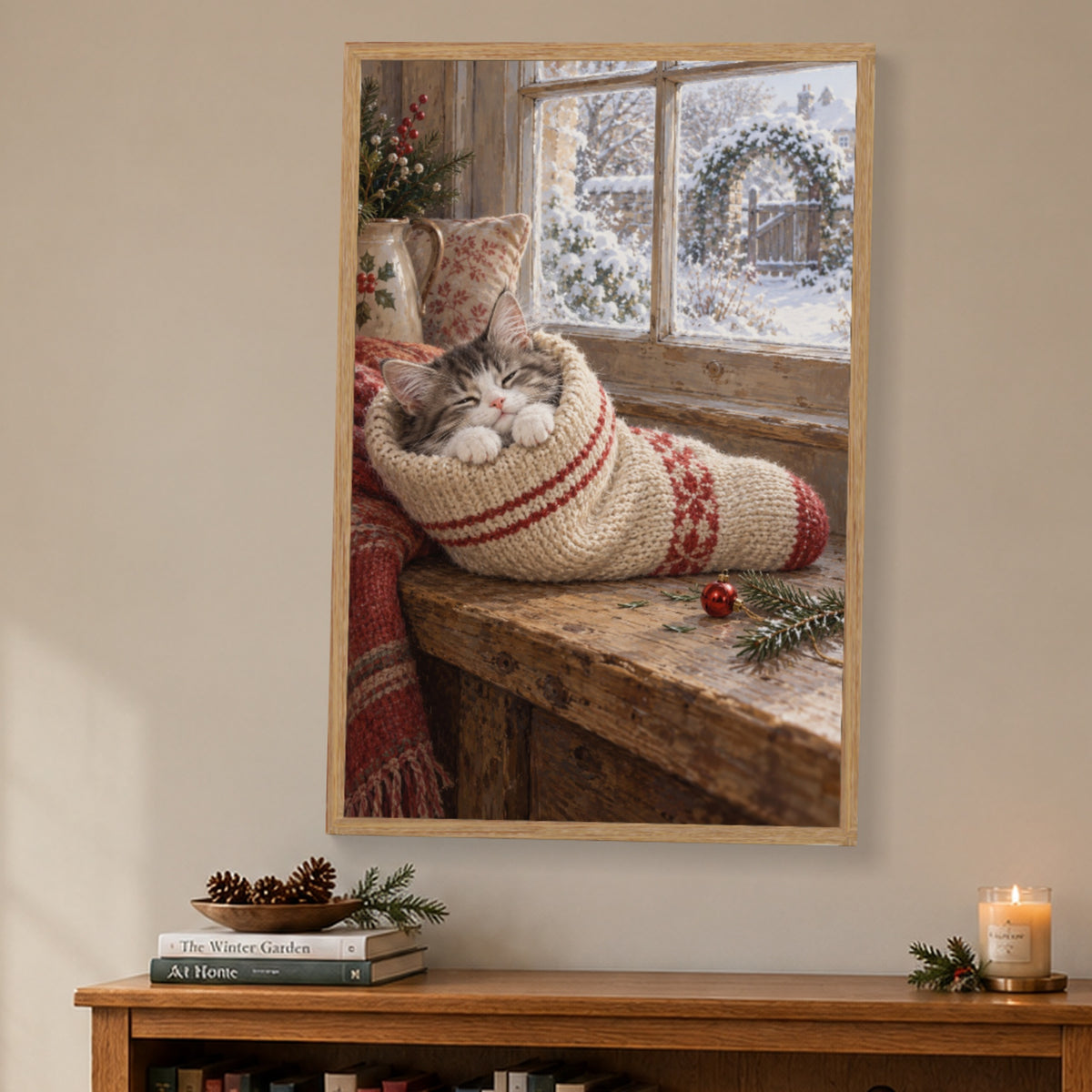 A New Guest in the Stocking — Light Wood Framed Christmas Canvas Wall Art — Complete light wood framed canvas in a holiday interior — Image 1
