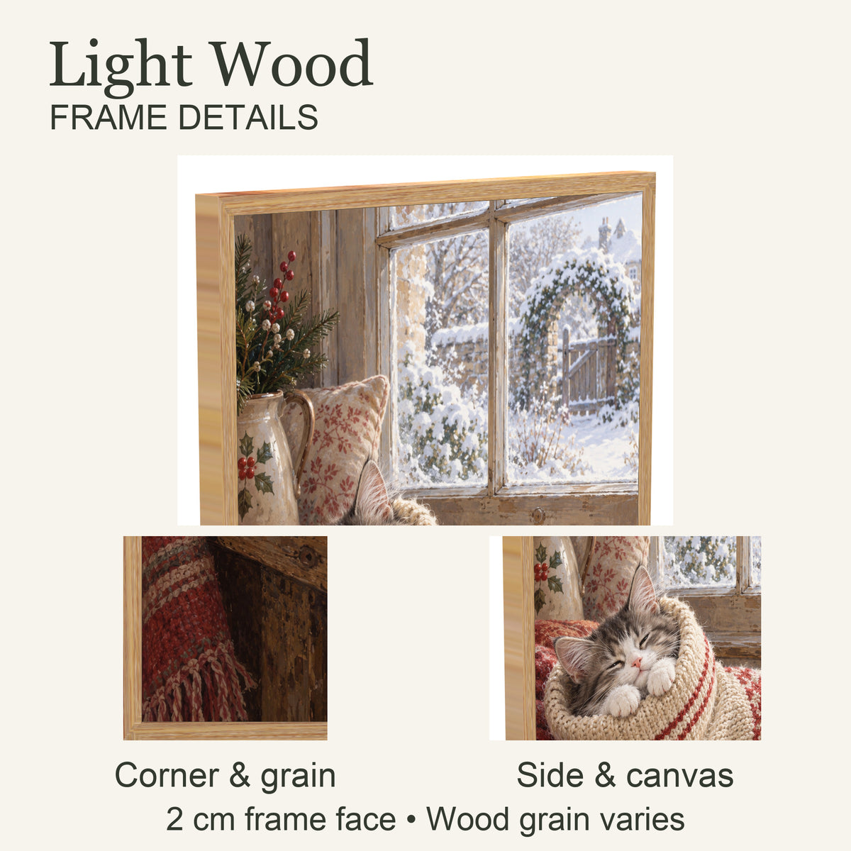 A New Guest in the Stocking — Light Wood Framed Christmas Canvas Wall Art — Light natural wood frame corner and grain — Image 6