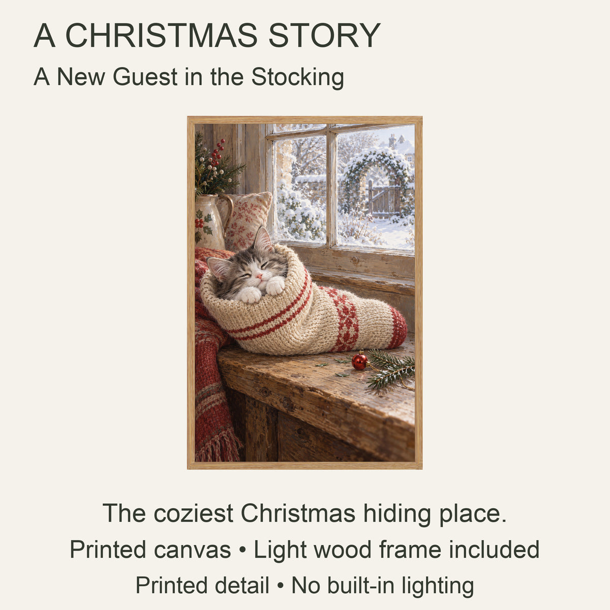 A New Guest in the Stocking — Light Wood Framed Christmas Canvas Wall Art — Original Christmas artwork and product configuration — Image 8