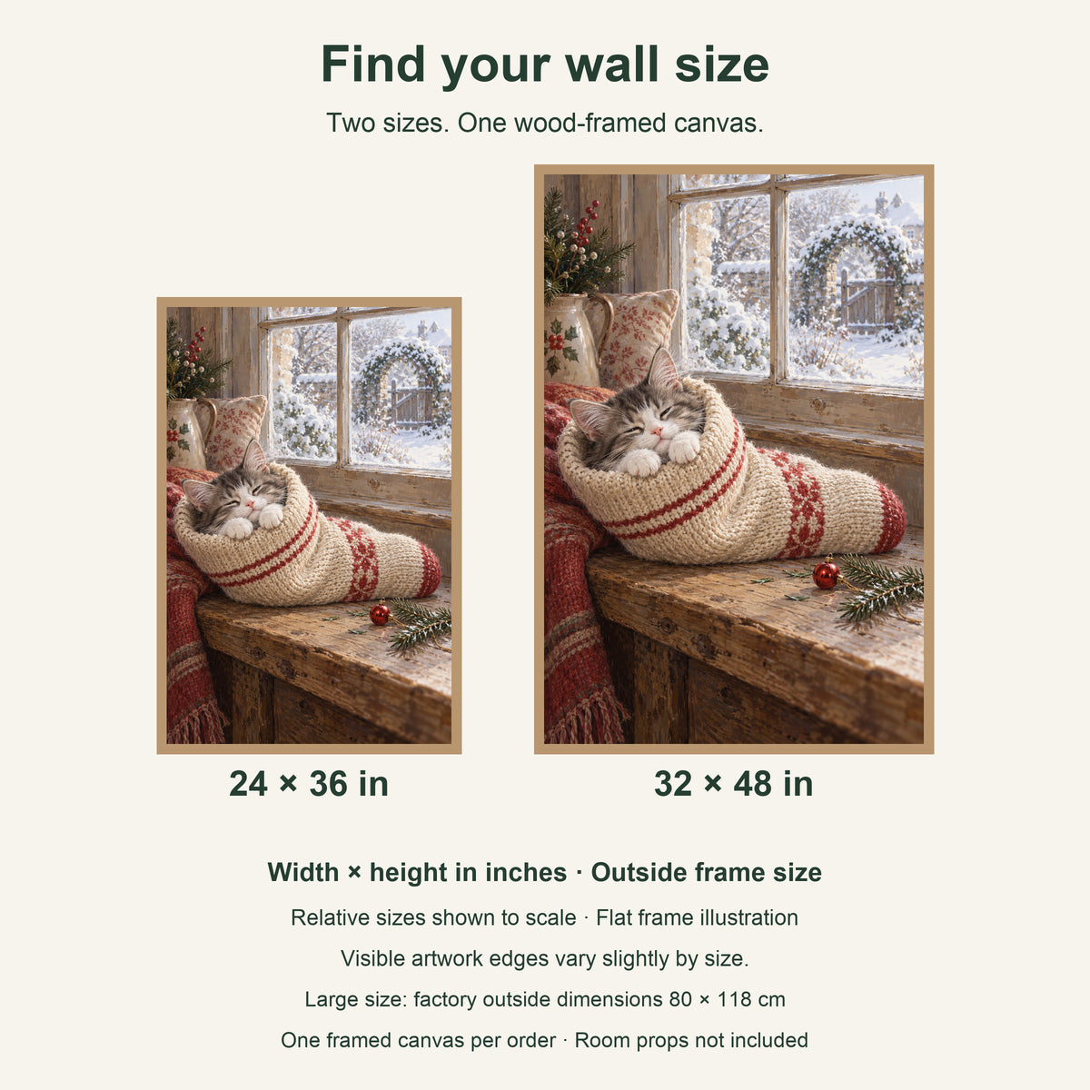 A New Guest in the Stocking — Light Wood Framed Christmas Canvas Wall Art — artwork size comparison, width × height in inches — Image 9
