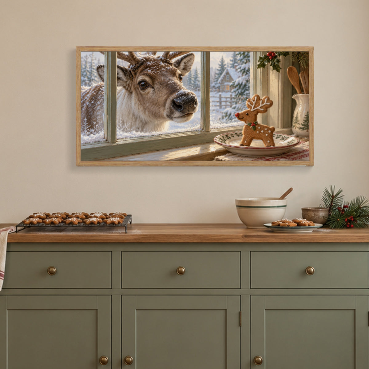 The Gingerbread Judge — Light Wood Framed Christmas Canvas Wall Art — Complete light wood framed canvas in a holiday interior — Image 1