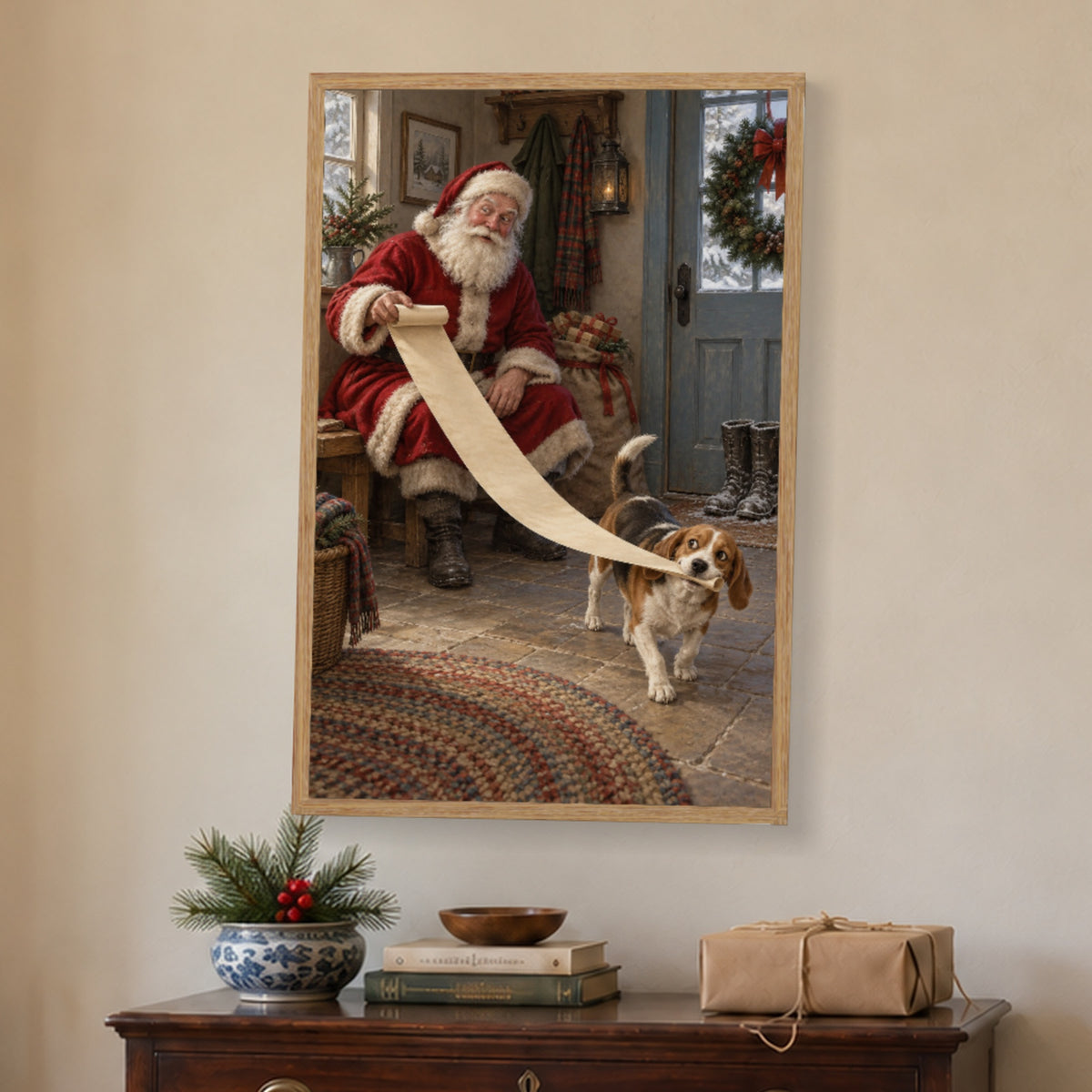 Where Did the List Go? — Light Wood Framed Christmas Canvas Wall Art — Complete light wood framed canvas in a holiday interior — Image 1