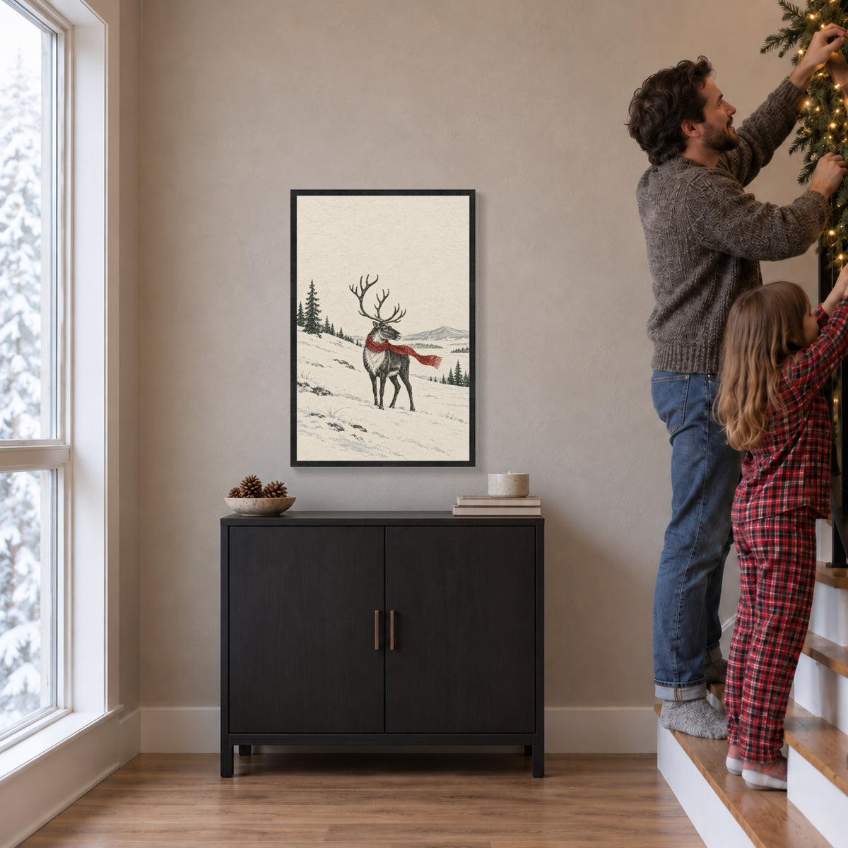 A Red Scarf in the Snow — Black Wood Framed Christmas Canvas Wall Art — Holiday activity with the artwork on the wall — Image 2