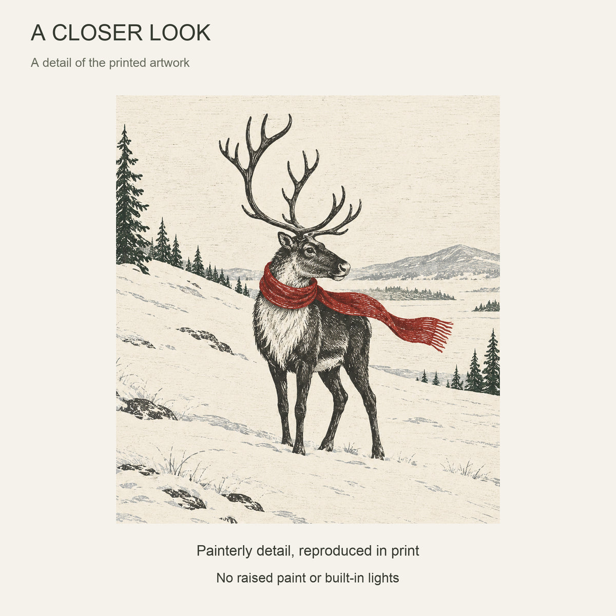 A Red Scarf in the Snow — Black Wood Framed Christmas Canvas Wall Art — Close-up of printed artwork — Image 4