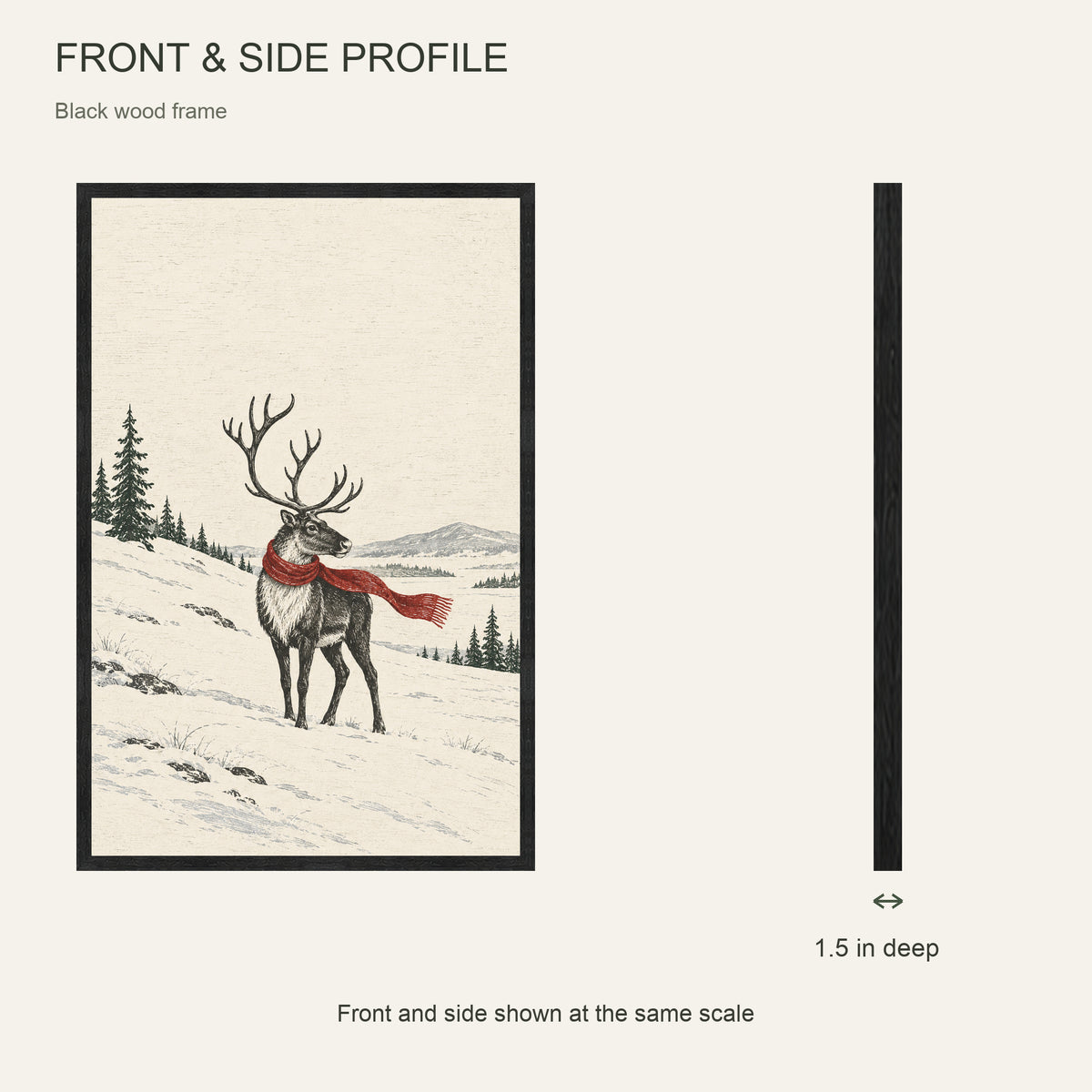 A Red Scarf in the Snow — Black Wood Framed Christmas Canvas Wall Art — Front and side showing 1.5-inch depth — Image 5