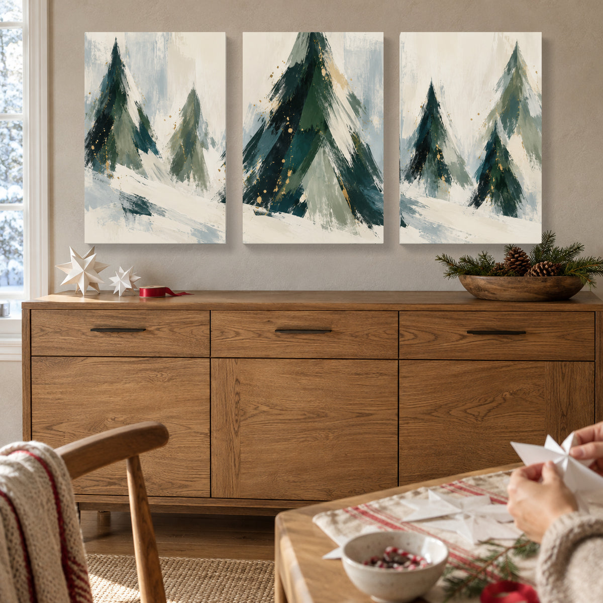 Snow Falls on the Christmas Trees — 3-Piece Christmas Canvas Wall Art Set — Christmas room featuring the complete artwork — Image 1