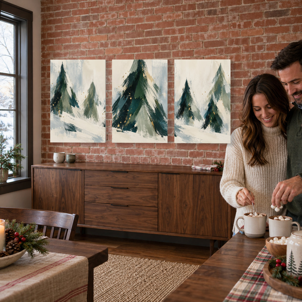 Snow Falls on the Christmas Trees — 3-Piece Christmas Canvas Wall Art Set — Holiday activity with the artwork on the wall — Image 2