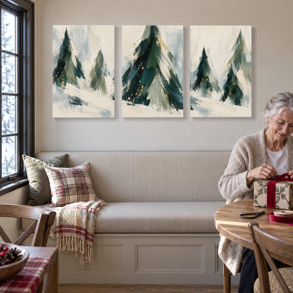 Snow Falls on the Christmas Trees — 3-Piece Christmas Canvas Wall Art Set — Another holiday living space with the artwork — Image 3